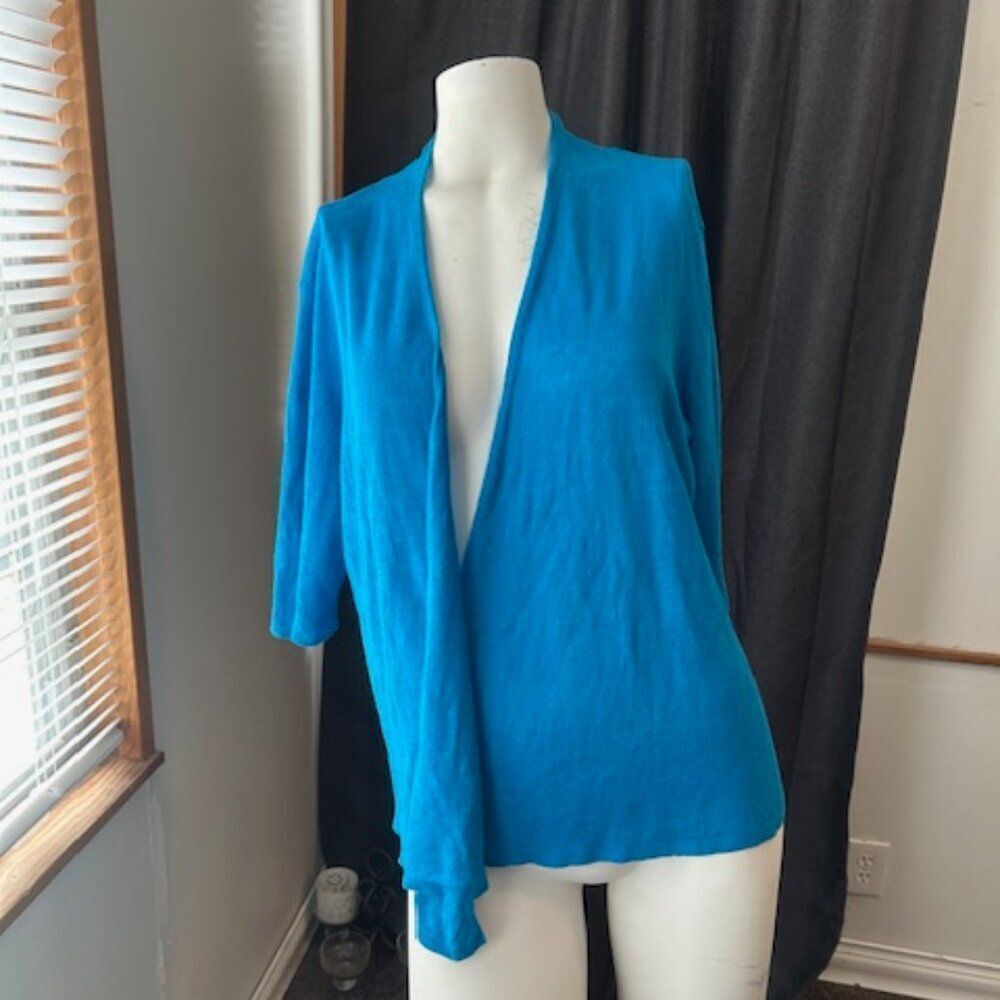 Eileen Fisher Organic Linen Blue open cardigan, size L